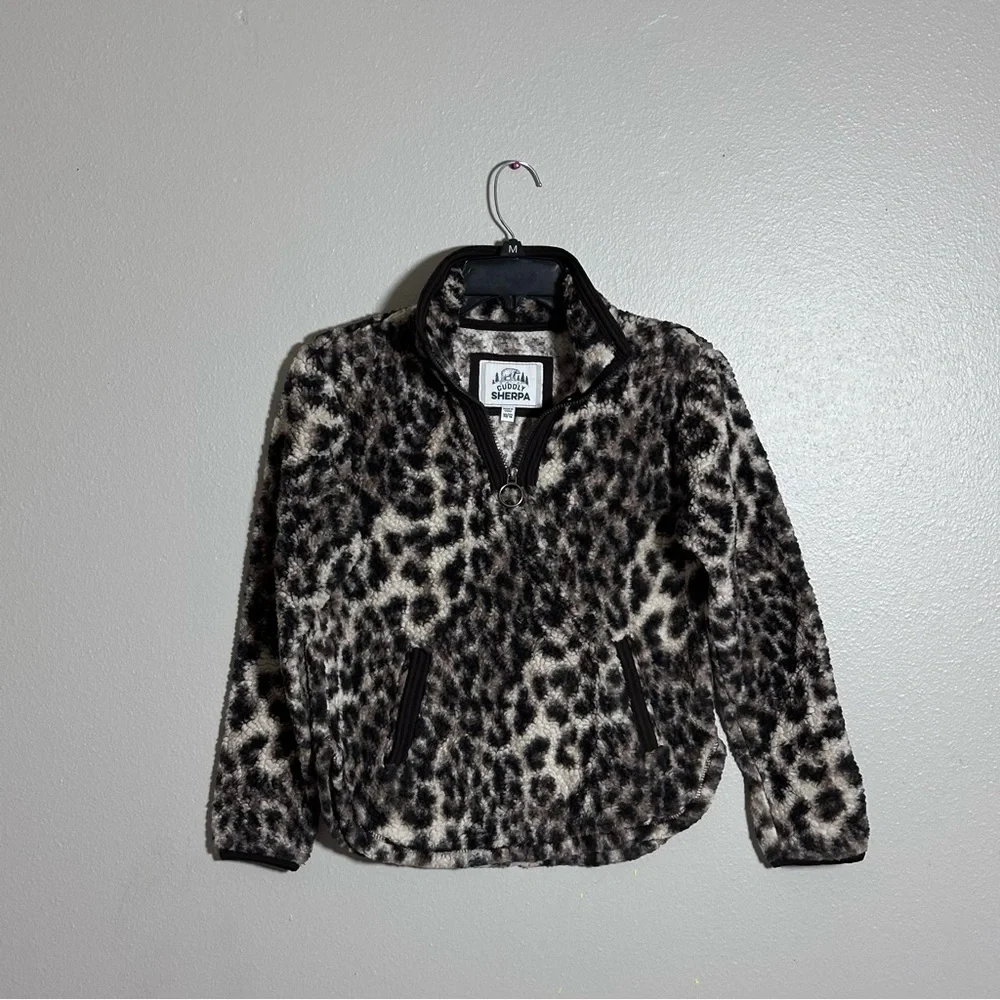 Cuddly Sherpa Girls Brown Leopard Print Kids Fleece Jacket Pullover size 10/12